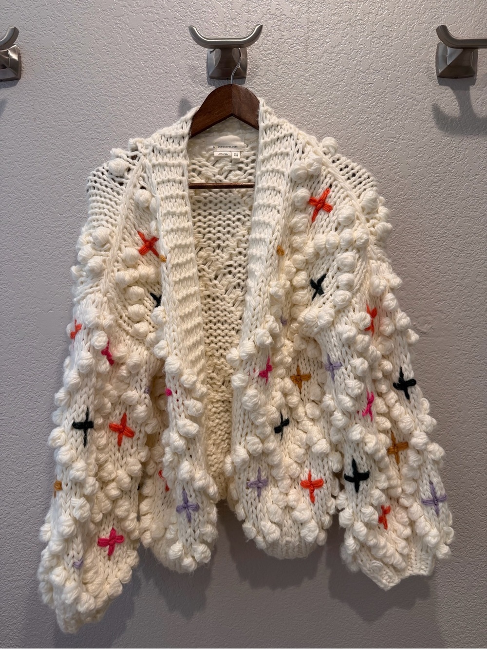 Anthropologie Cream Chunky Knit Cardigan with Multicolor Cross Stitches